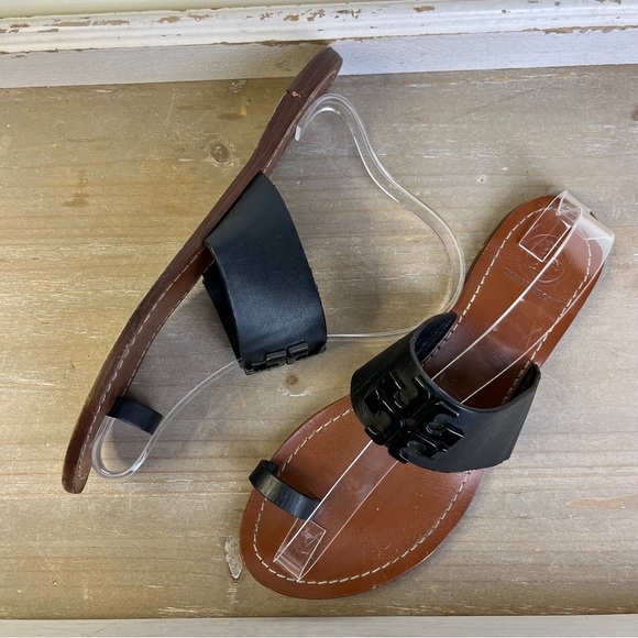 Tory Burch Lowell Black Leather Toe Ring Sandals 7.5M Logo Strap Flat Slide Shoe - Picture 3 of 12